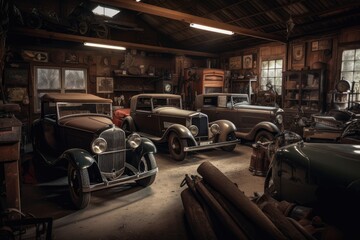 old garage, filled with vintage cars and equipment, ready for a photo shoot, created with generative ai