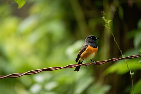 male redstart bird perched on wire, surrounded by lush greenery, created with generative ai