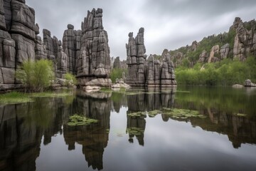 Fototapeta na wymiar majestic rock formations towering over tranquil lake, created with generative ai