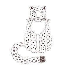 Cute sitting snow leopard hand drawn cartoon character illustration, sketch. Line art, drawing style design, isolated vector. Tropical animal, jungle wildlife, big cats, safari, nature, print element