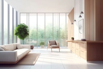 Modern apartment with large windows illustrated in a bright, airy style.
