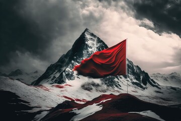 snow-capped mountain peak with red flag and view of the valley below, created with generative ai