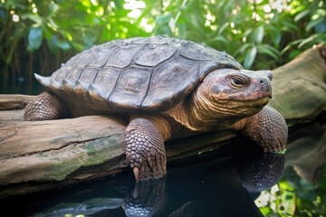 Fototapeta na wymiar snapping turtle basking in the sun on a leafy log, created with generative ai
