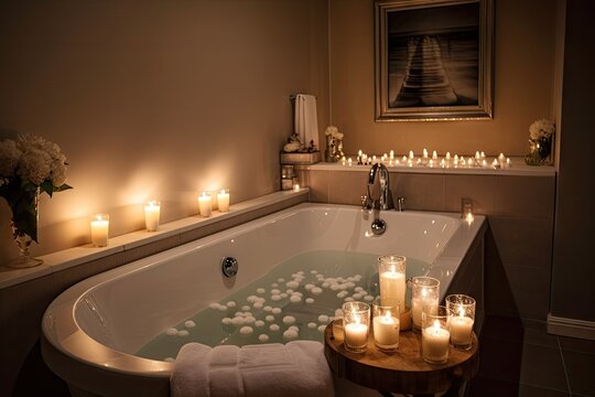 Premium Photo  Relaxation romantic bath in bathroom with candles created  with generative ai