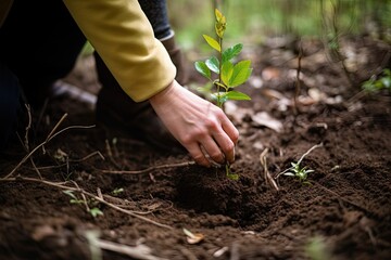 person, planting new tree in forest, to help restore and protect the environment, created with generative ai