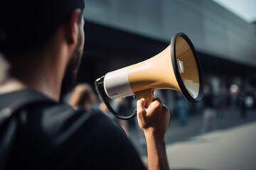 An unrecognizable man holding a megaphone and leading a protest advocating for social justice or activism,