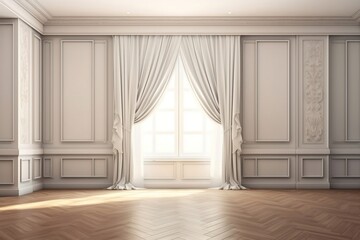Empty luxury white room with folding glass panel door and sheer curtain on carpet floor for interior decoration and product background 3D. Ai Generated.