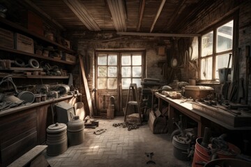 Fototapeta na wymiar old garage with heaps of vintage tools and equipment, ready for work, created with generative ai