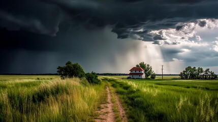 Fototapeta na wymiar Storm in the countryside with rain clouds and stormy sky - panorama