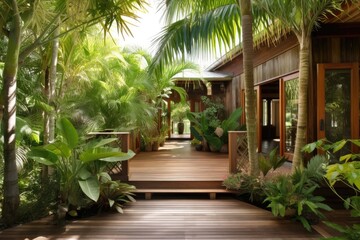 Fototapeta premium tropical exterior with lush garden and wooden decking, created with generative ai
