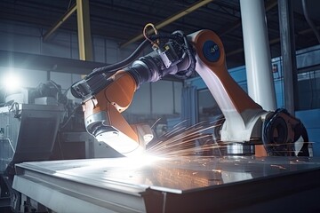 robot, welding piece of metal in futuristic factory setting, created with generative ai