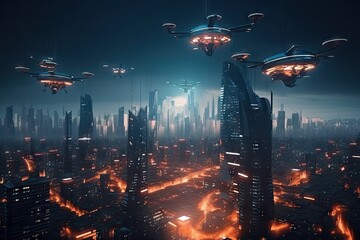 futuristic city, with hovering vehicles and flying drones, against starry sky, created with generative ai