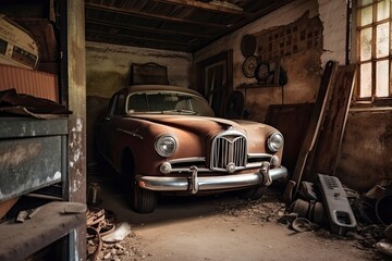 Obraz na płótnie Canvas old garage with vintage car on lift, ready to be restored, created with generative ai