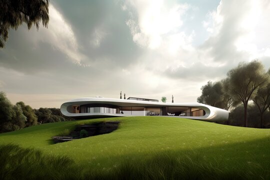 futuristic and conceptual house, surrounded by sprawling green lawns and natural surroundings, created with generative ai