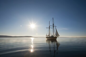 sailing vessel in calm waters, with sun shining on the deck, created with generative ai