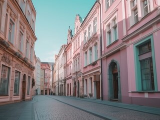 Fototapeta na wymiar Street Lined with Pastel-colored Buildings in a Historic Town - AI Generated