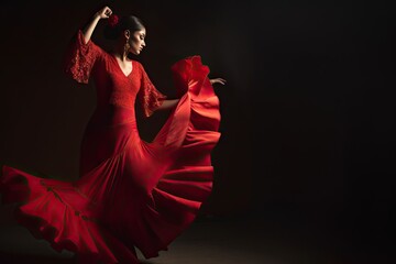 Woman in Red Dress Dancing Flamenco - AI Generated - obrazy, fototapety, plakaty