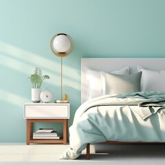 Luxury modern bedroom with mid-century bedside table and embroidered pillowcase in sunlight. AI Generated.