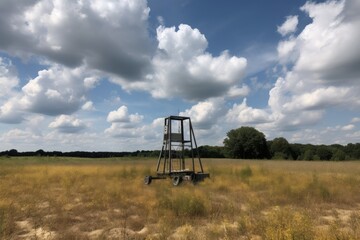 Naklejka premium metal detector frame in the middle of an open field, with blue sky and white clouds overhead, created with generative ai