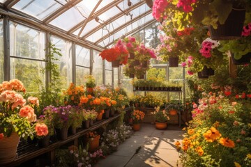 Fototapeta na wymiar greenhouse with hanging baskets overflowing with colorful flowers, created with generative ai