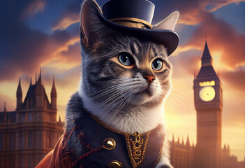 Gentleman cat walking in London. AI genarated - obrazy, fototapety, plakaty