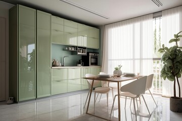 Fototapeta na wymiar Modern luxury kitchen with sage green counter, appliances and marble tile floor, Ai Generated