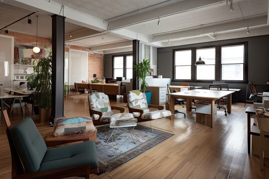 office with open, communal workspace and mix of modern and vintage furniture, created with generative ai