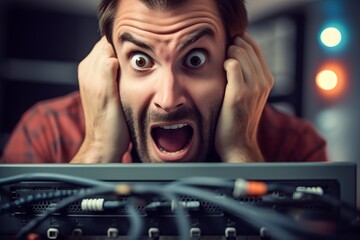 Man is scared, no internet, modern technology. Beautiful illustration picture. Generative AI