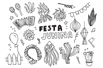 Festa Junina.Brazilian Midsummer Festival. party decoration. Hand drawn vector doodles set isolated on white background.