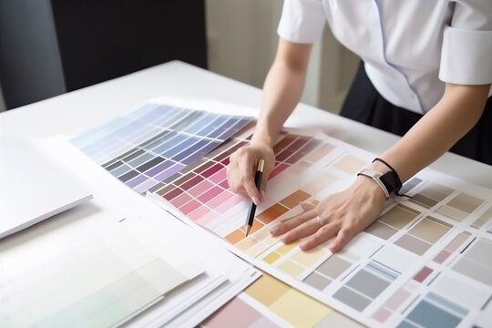 designer renovation color interior project selection palette swatch design sample choice. Generative AI.