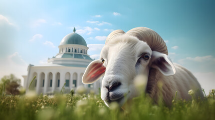 A sheep or goat with mosque background created using Generative AI Technology 