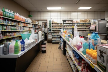 Fototapeta premium cleaning supplies aisle in grocery store, with bottles of cleaner, paper towels, and other essentials nearby, created with generative ai
