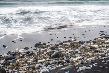 Fototapeta na wymiar Polluted beach with garbage, generative ai.