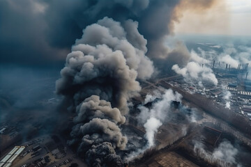 Fototapeta premium Big factory with huge clouds of dirty smoke, generative ai.