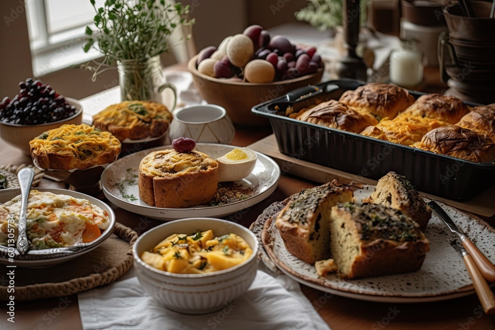 Poster plate of warm and savory baked goods, perfect for brunch or dinner, created with generative ai