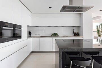 minimalist home kitchen, with sleek countertops and modern appliances, created with generative ai