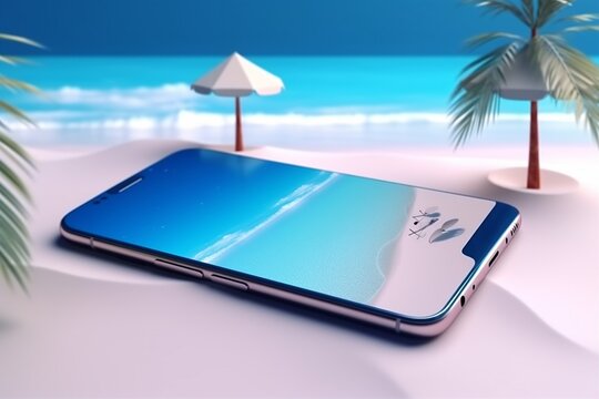 mock up sand palm sea phone summer holiday concept cyber creative. Generative AI.