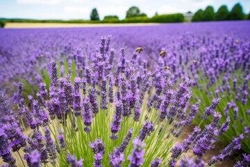 Fototapeta premium lavender field in full bloom, with bees buzzing among the flowers, created with generative ai
