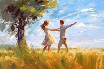 Happy couple dancing outdoors on the field, art. Beautiful illustration picture. Generative AI