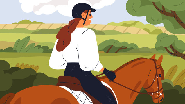 Girl riding horse in nature. Woman sitting on stallion back, horseback, looking at landscape, summer scenery. Happy mounted horsewoman during equine walk at countryside. Flat vector illustration
