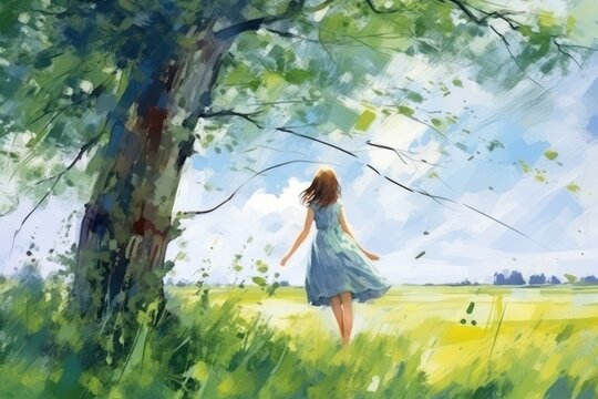 Enjoying nature. Happy girl have a walk outdoors on the field, art. Beautiful illustration picture. Generative AI