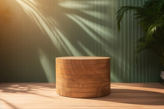 A wooden round Podium with a green background behind it. Ideal for Product Presentation