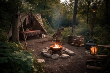 rustic campsite with lantern, fire pit, and cozy blankets, created with generative ai