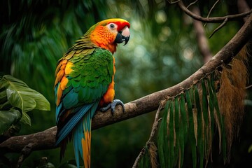 Fototapeta premium parrot perched on tree branch, surveying jungle from above, created with generative ai