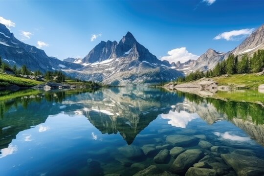 majestic mountain range and crystal-clear lake, with reflections of the peaks visible on the water, created with generative ai