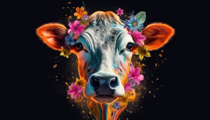 Cow face with vibrant flowers. Against black background. Beautiful illustration picture. Generative AI