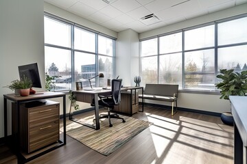 office space with an open layout and plenty of natural light, created with generative ai