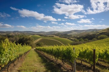 vineyard surrounded by rolling hills and blue skies, created with generative ai