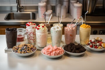 milkshake bar with a selection of flavor combinations, mix-ins and toppings, created with generative ai