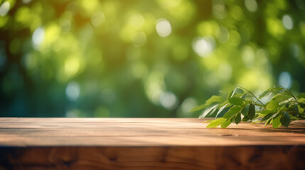 Wooden table with nature background, empty table for product images | AI generated